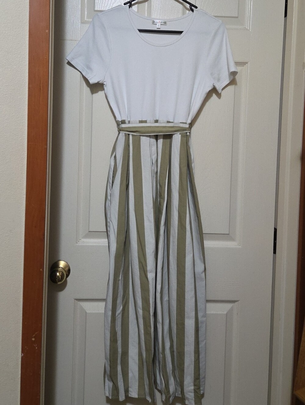 White Tee Bodice Maxi Dress with Olive Stripe Skirt